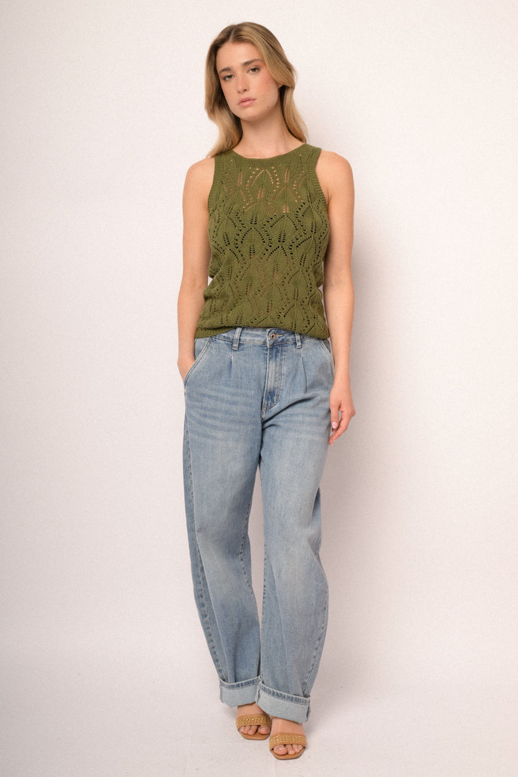 Olive green crochet knit top