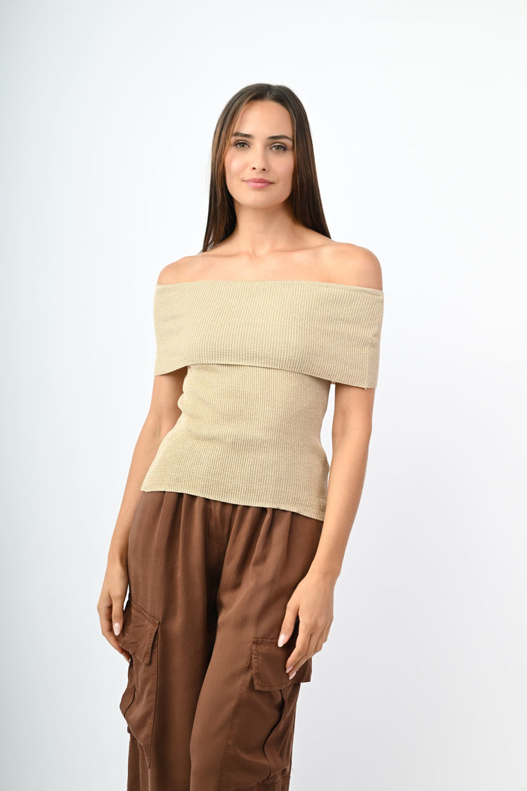 Lurex knit off-the-shoulder top