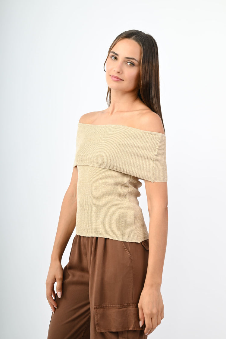 Lurex knit off-the-shoulder top