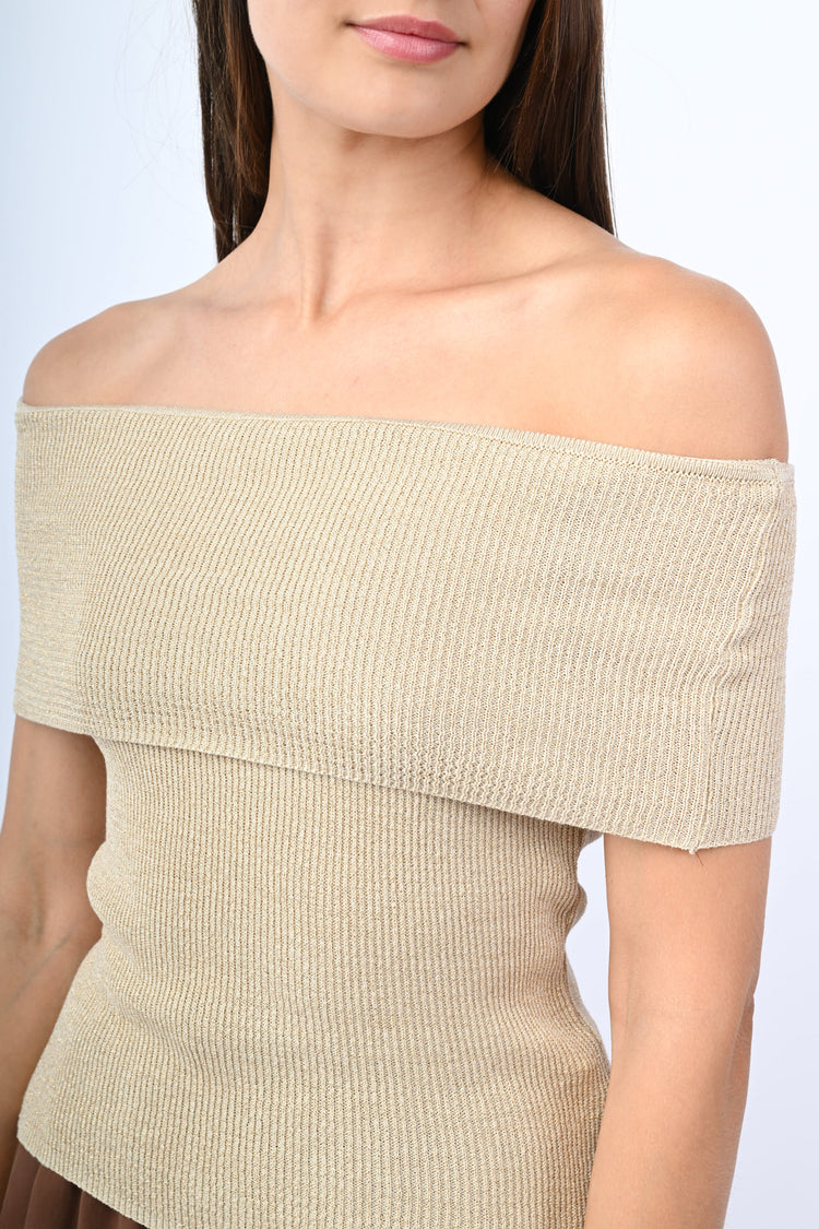 Lurex knit off-the-shoulder top