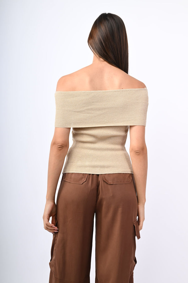 Lurex knit off-the-shoulder top