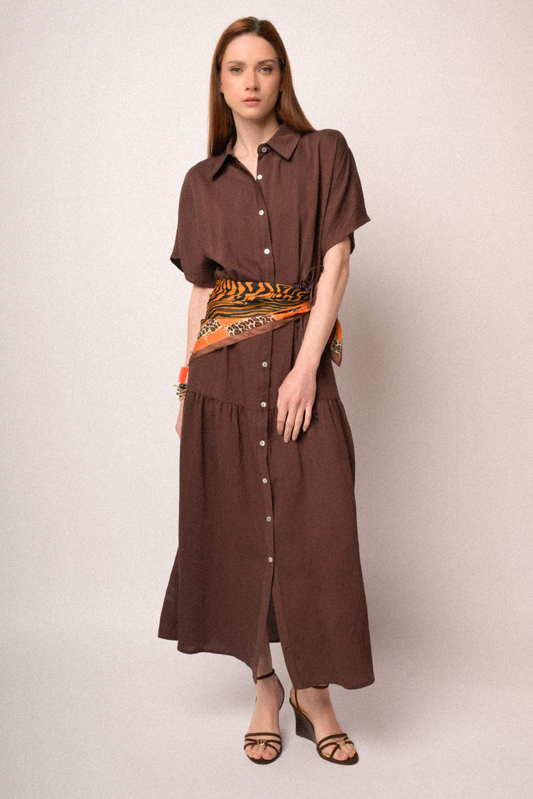 Chocolate belted maxi shirt dress