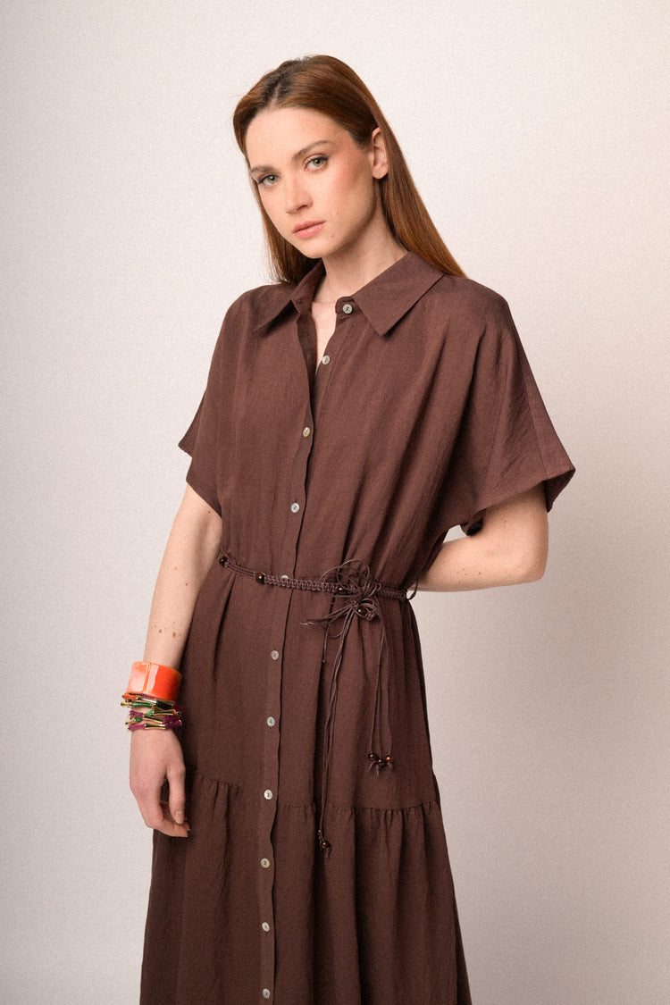 Chocolate belted maxi shirt dress