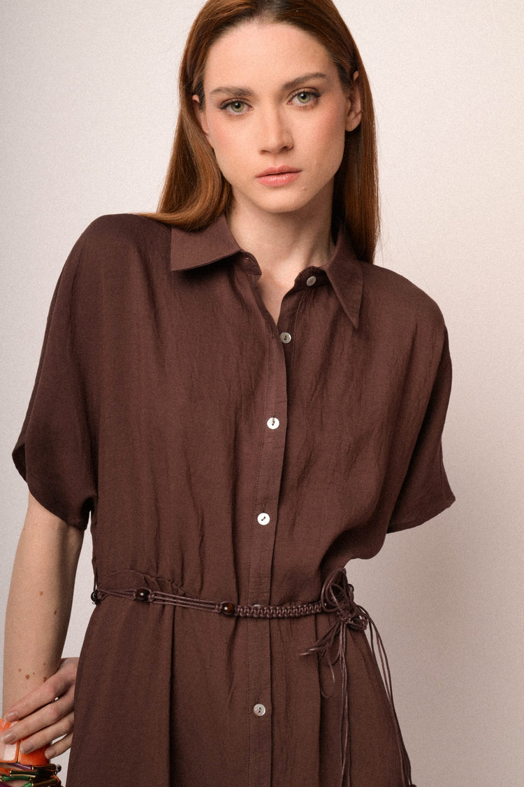 Chocolate belted maxi shirt dress