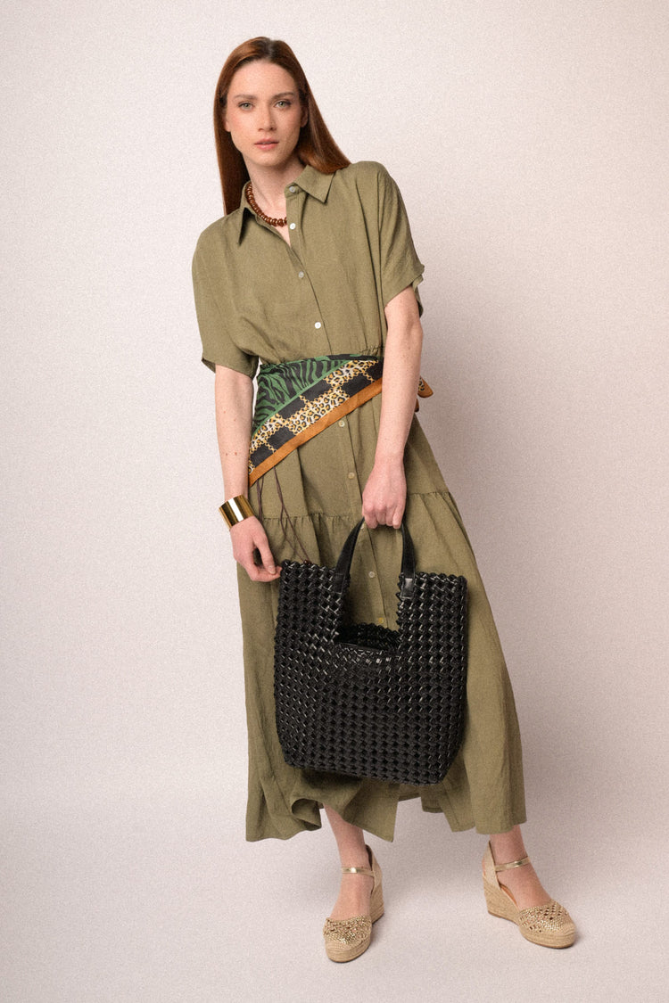Olive green belted maxi shirt dress