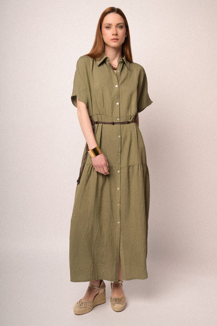 Olive green belted maxi shirt dress