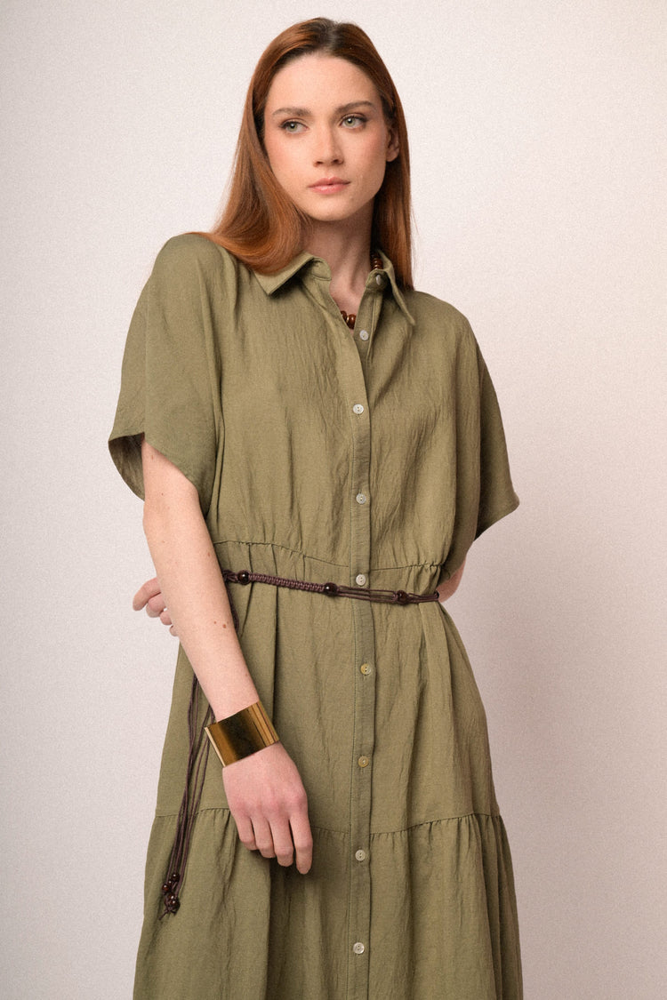 Olive green belted maxi shirt dress