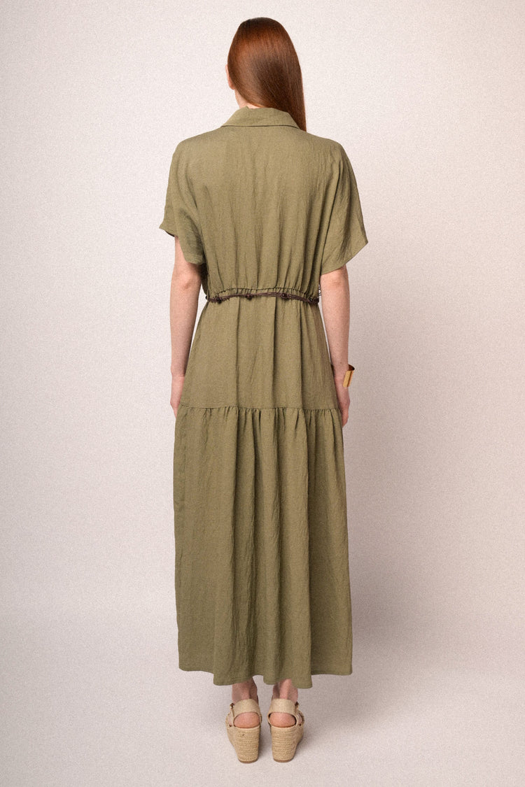 Olive green belted maxi shirt dress