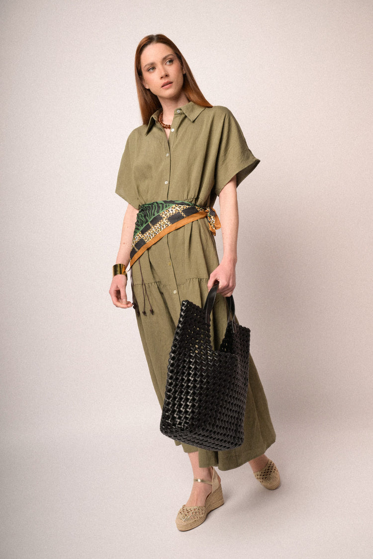 Olive green belted maxi shirt dress