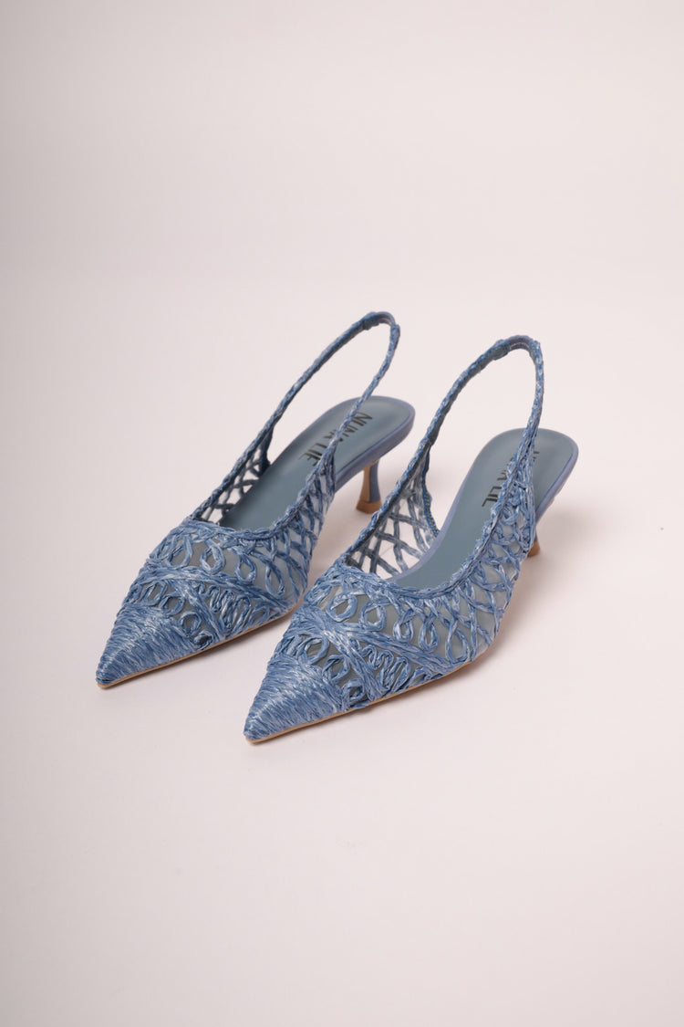 Denim blue raffia pointed slingback pumps