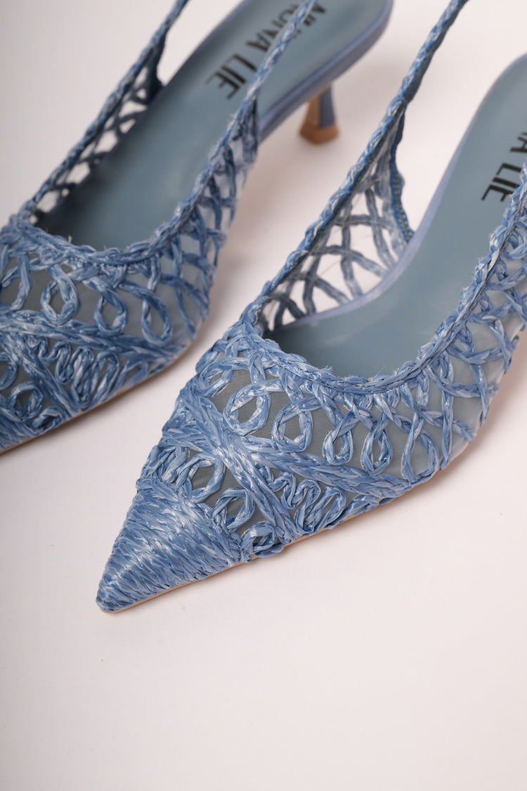 Denim blue raffia pointed slingback pumps