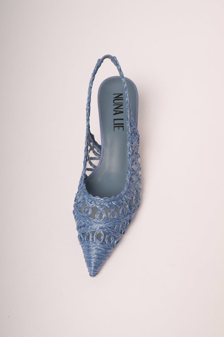Denim blue raffia pointed slingback pumps