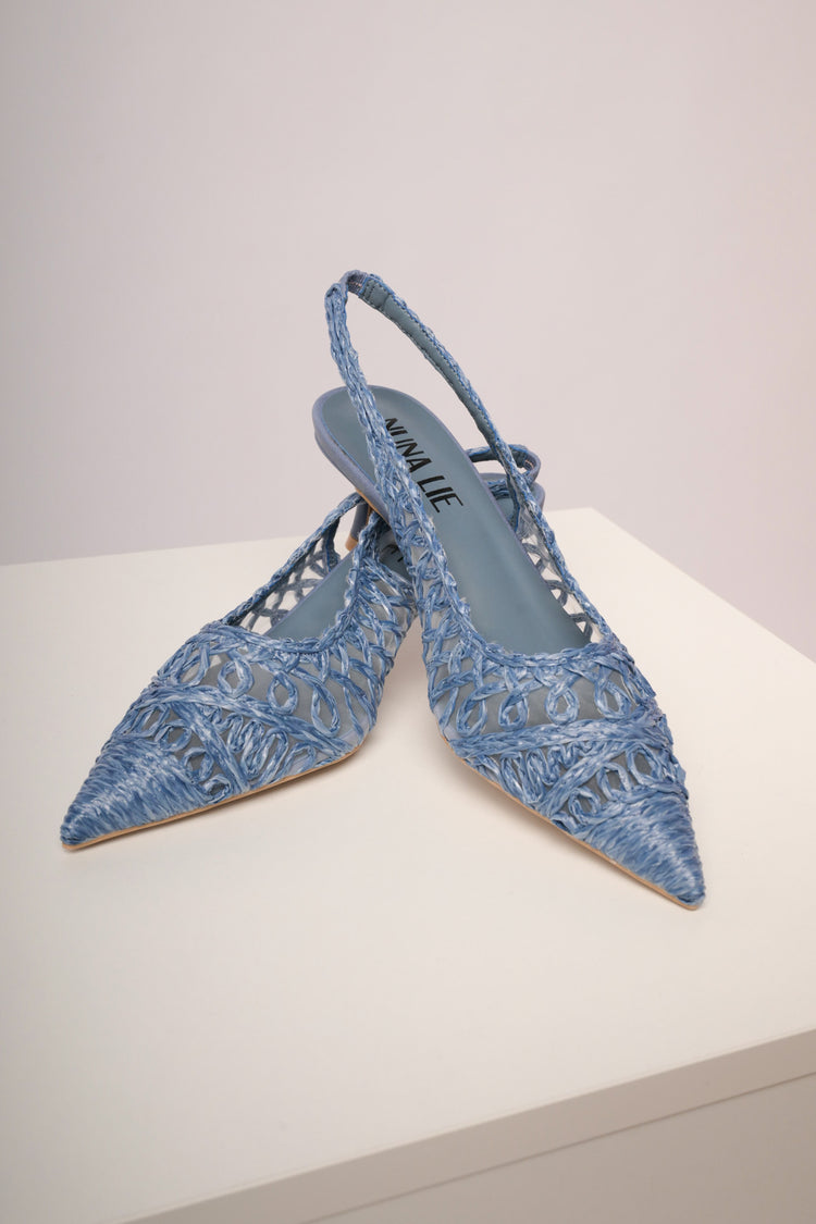 Denim blue raffia pointed slingback pumps