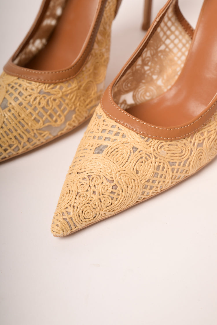 Beige raffia slingback pumps