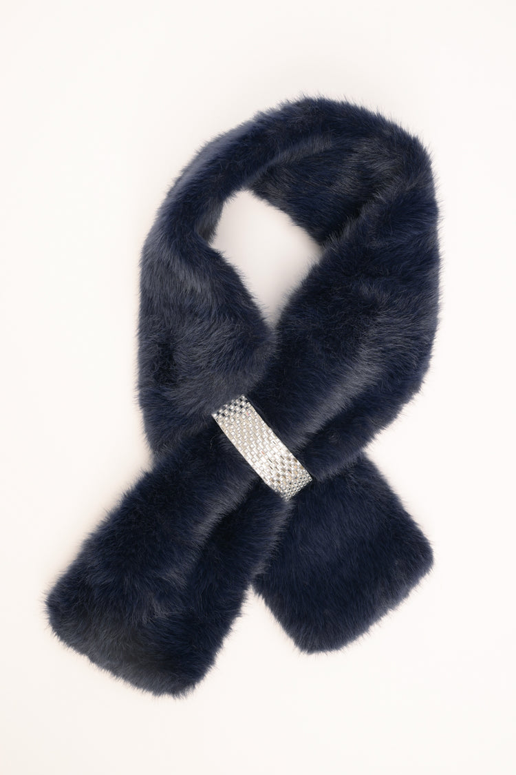 Blue plush neck warmer with rhinestone buckle