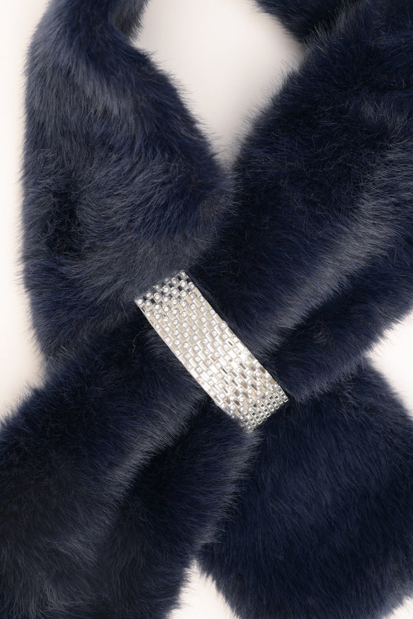 Blue plush neck warmer with rhinestone buckle