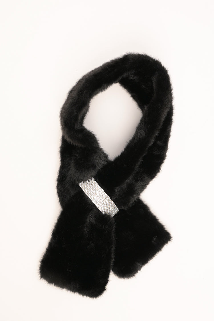 Black plush neck warmer with rhinestone buckle