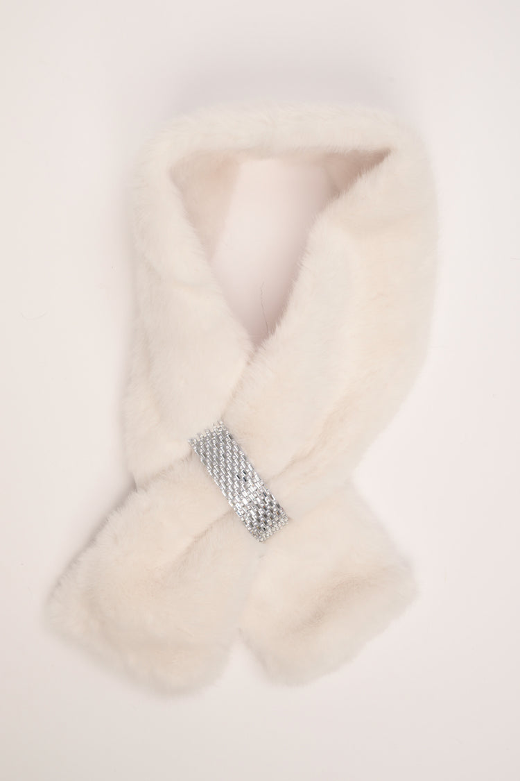 Ivory plush neck warmer with rhinestone buckle
