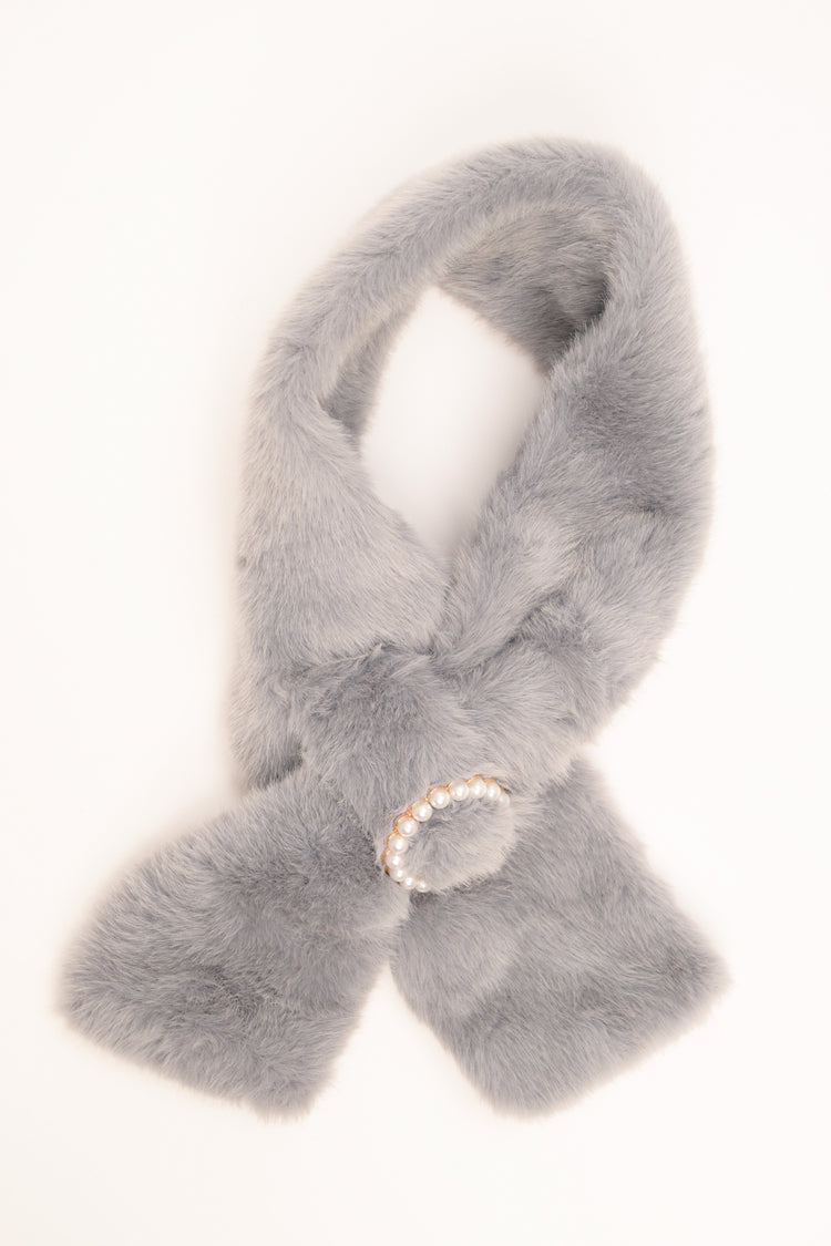 Grey plush neck warmer with round beaded buckle