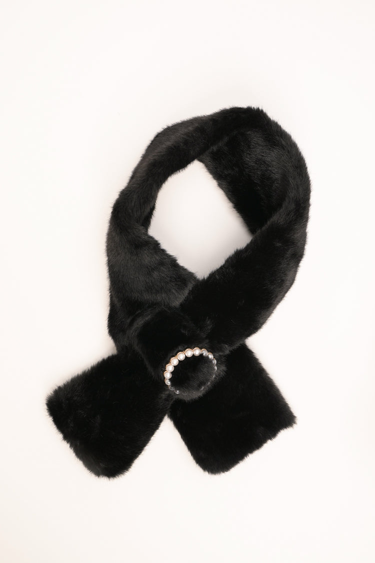 Black plush neck warmer with round beaded buckle