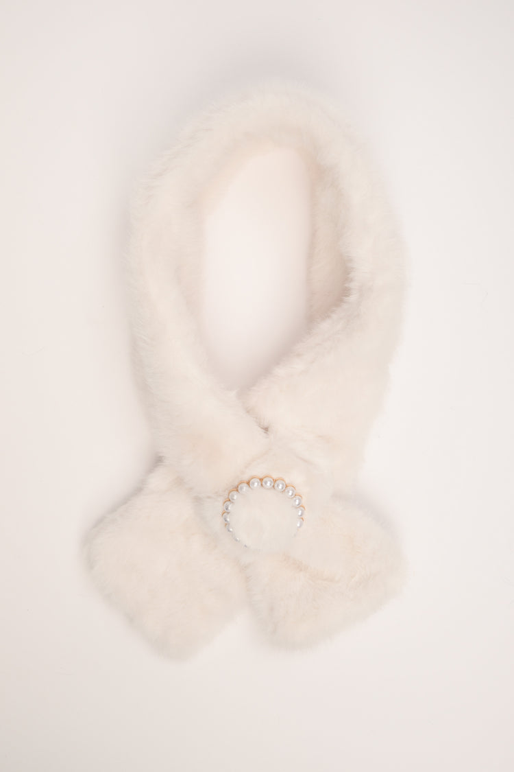Ivory plush neck warmer with round beaded buckle