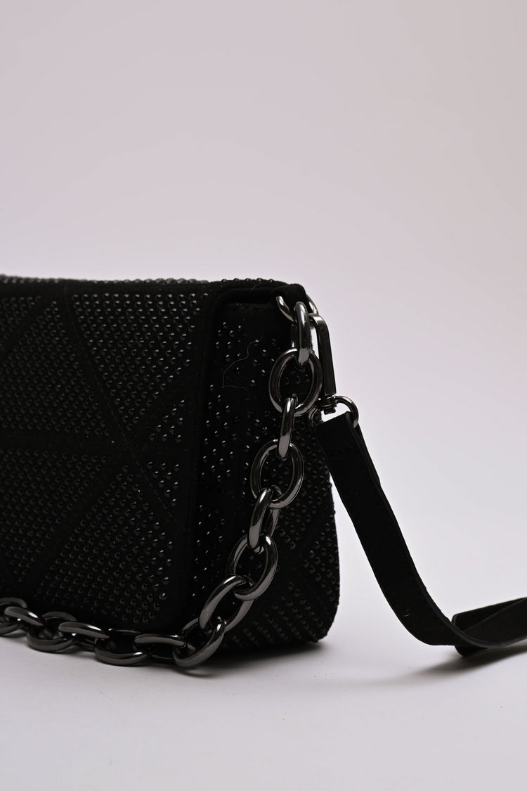 Rhinestone faux suede shoulder bag