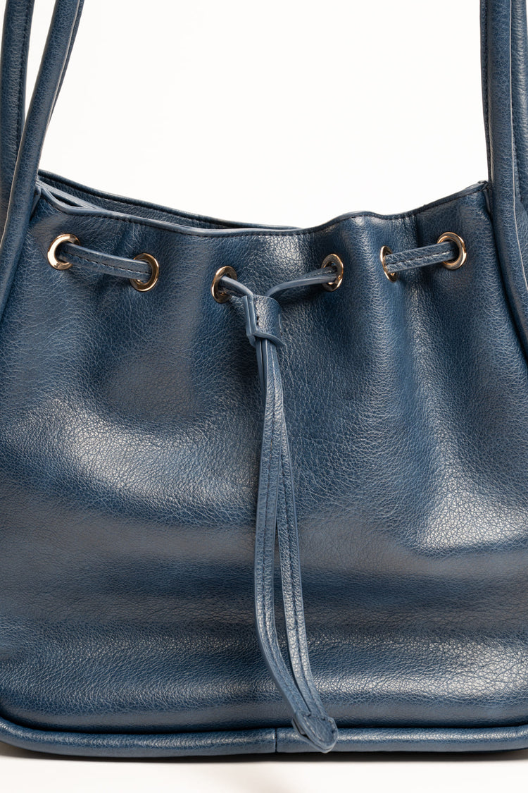 Teal blue faux leather bucket bag