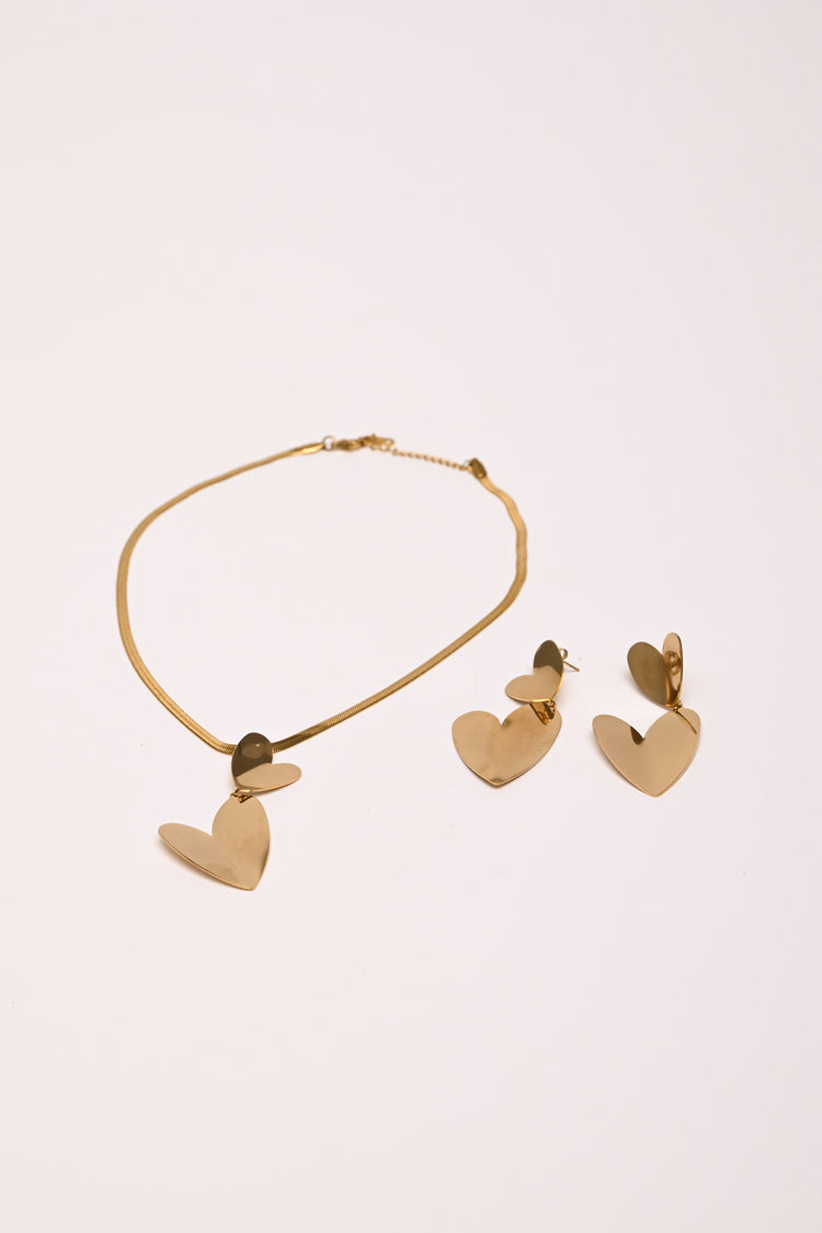 Gold heart necklace and earrings set