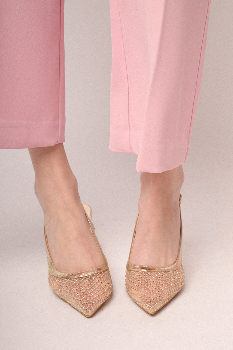 Golden rhinestone-embellished mesh slingback pumps