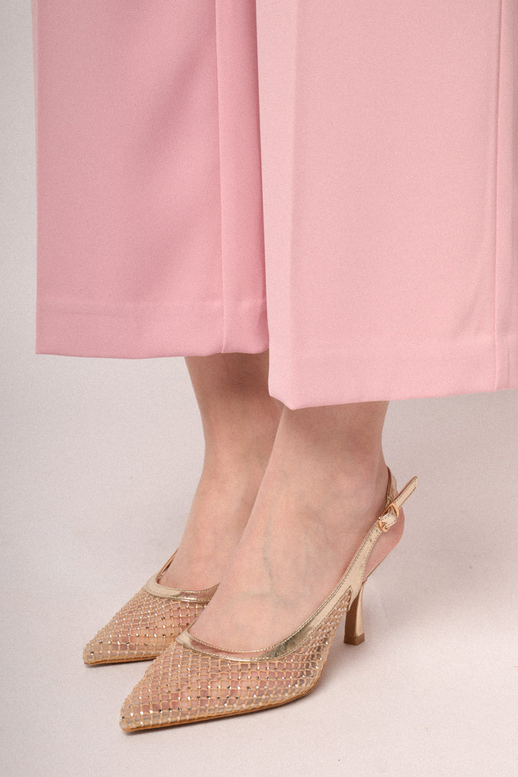 Golden rhinestone-embellished mesh slingback pumps