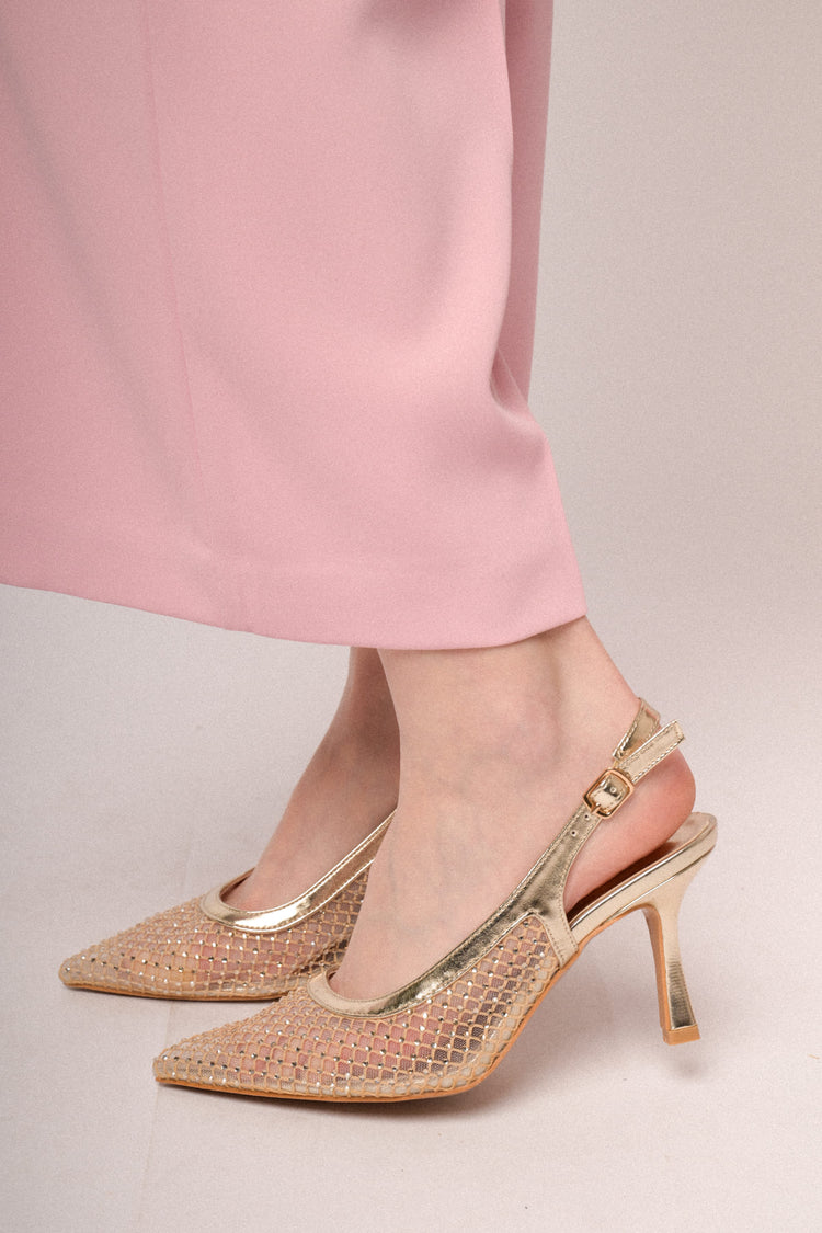 Golden rhinestone-embellished mesh slingback pumps