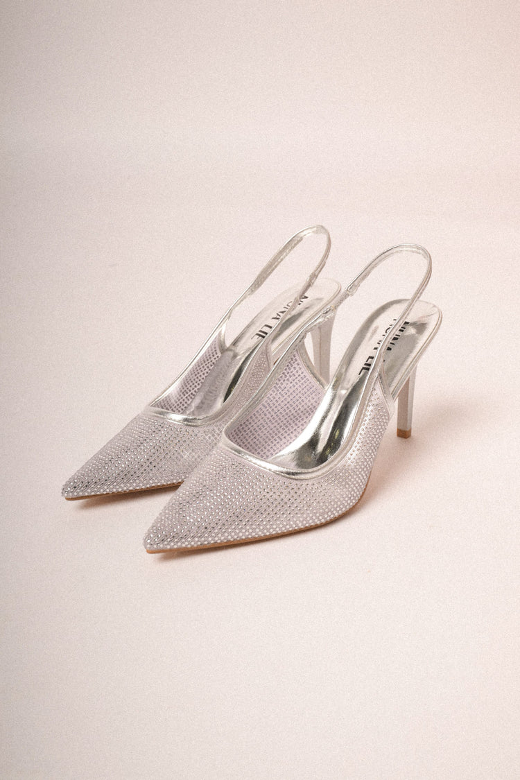 Silver-tone rhinestone-embellished slingback pumps