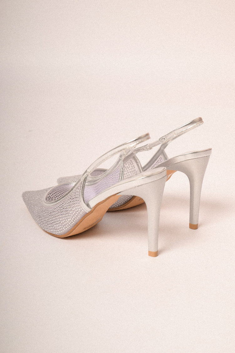 Silver-tone rhinestone-embellished slingback pumps