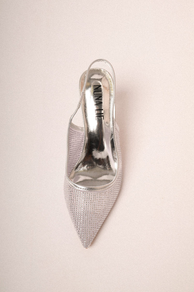 Silver-tone rhinestone-embellished slingback pumps