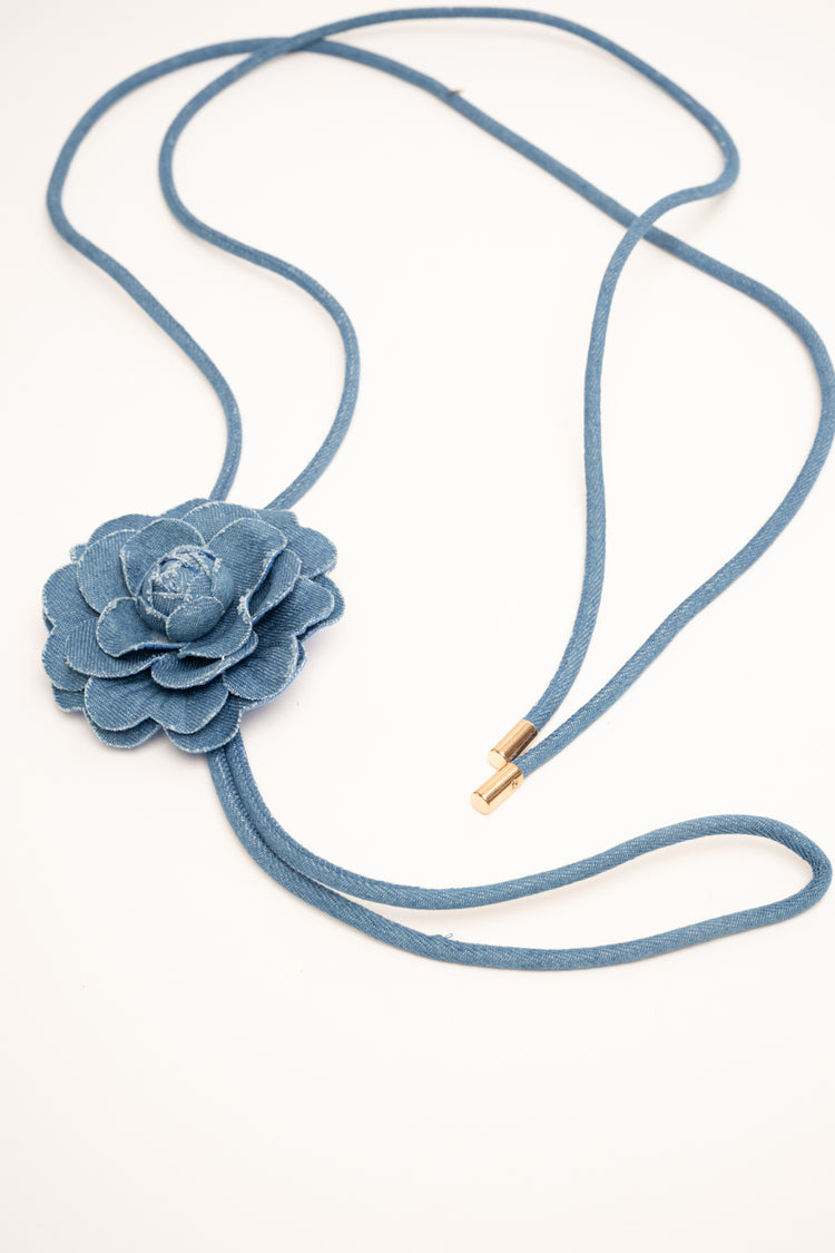 3D flower light blue denim thin belt