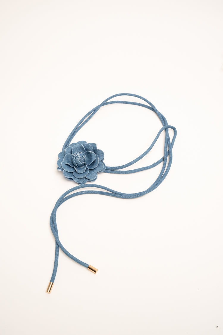 3D flower light blue denim thin belt