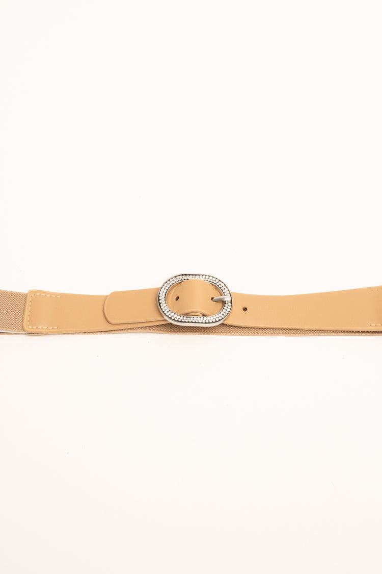 Beige rhinestone buckle elastic belt