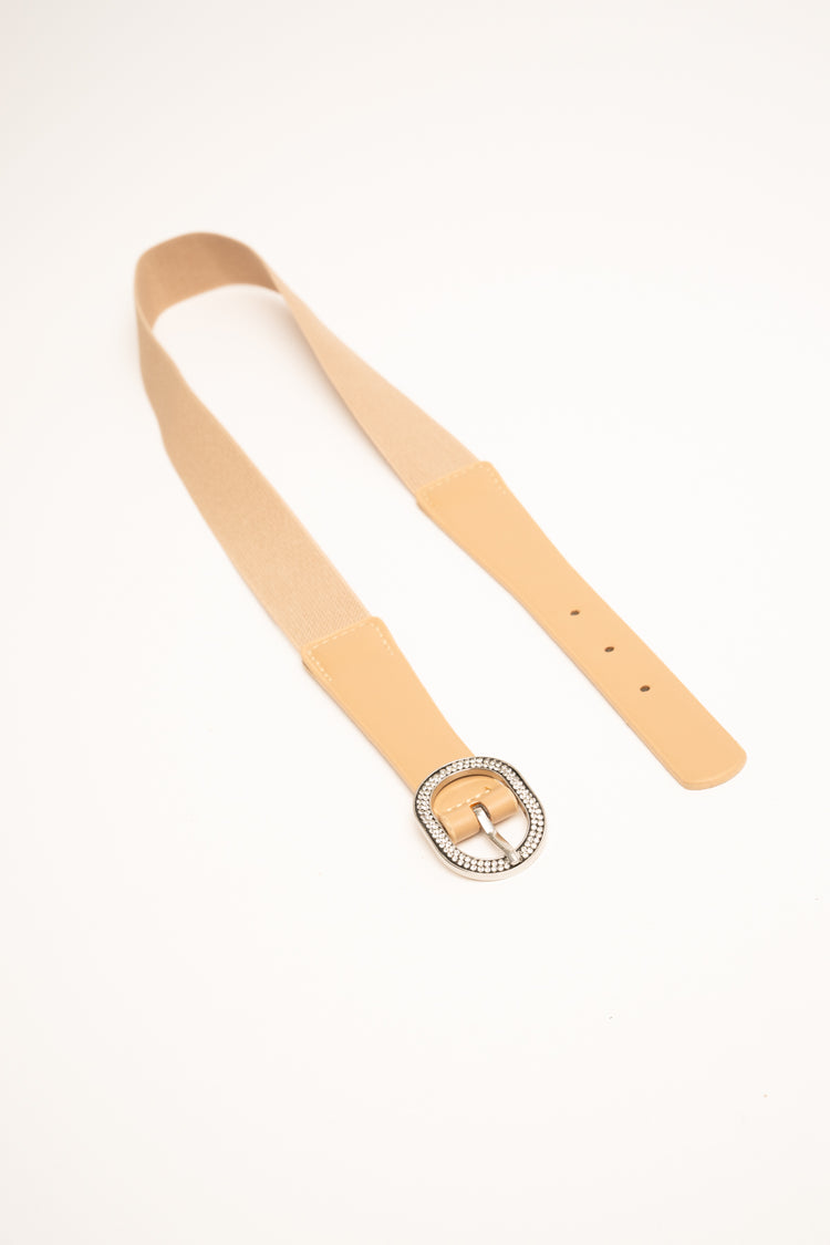 Beige rhinestone buckle elastic belt
