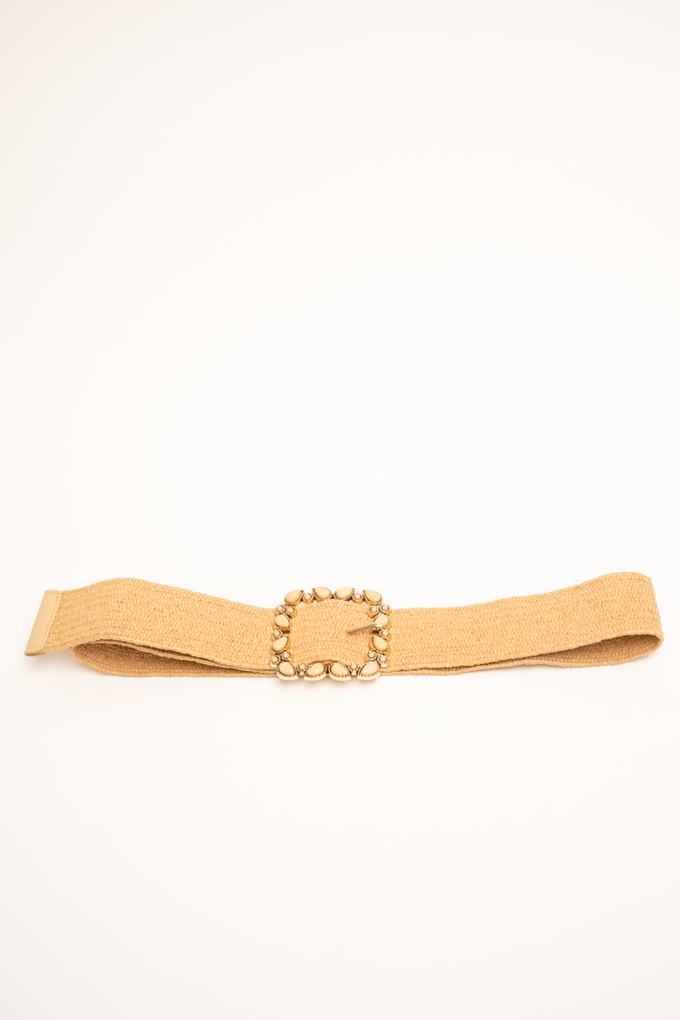 Beige elastic belt with jewel buckle