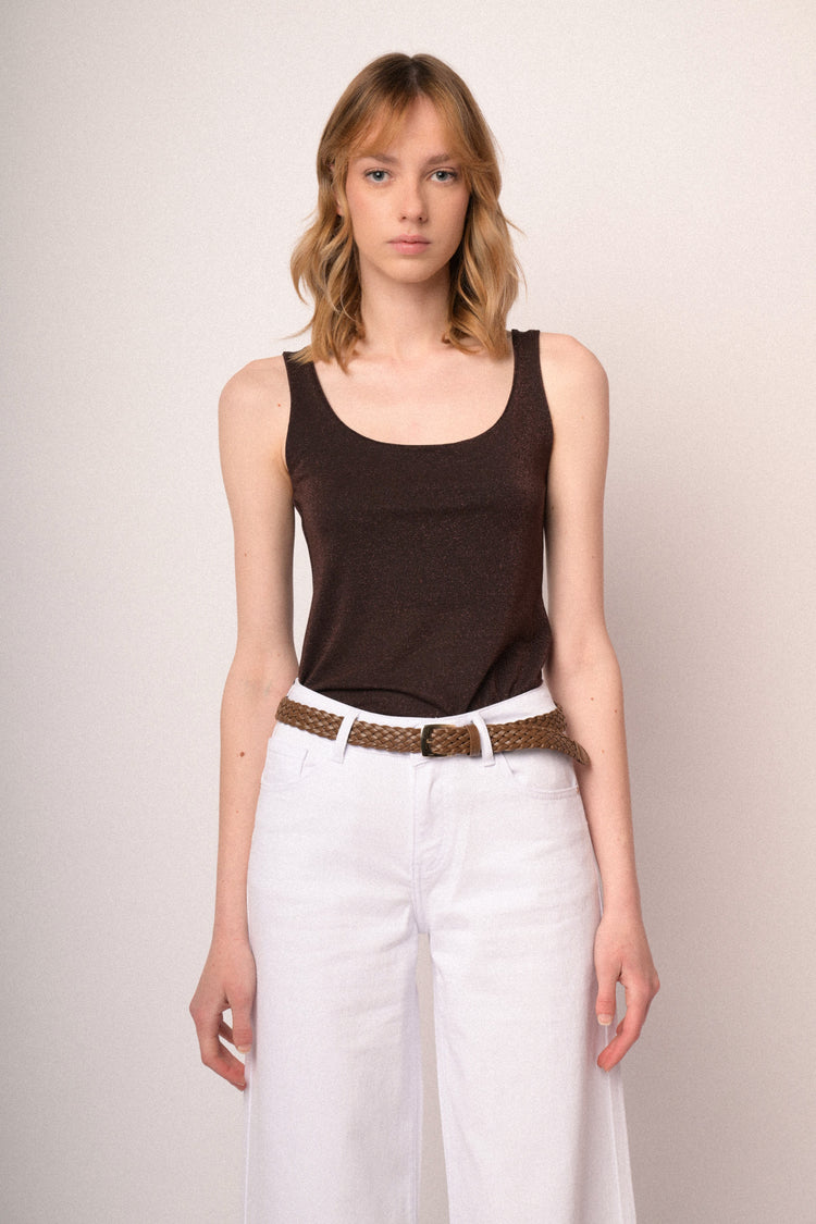 Dark brown lurex knit tank top
