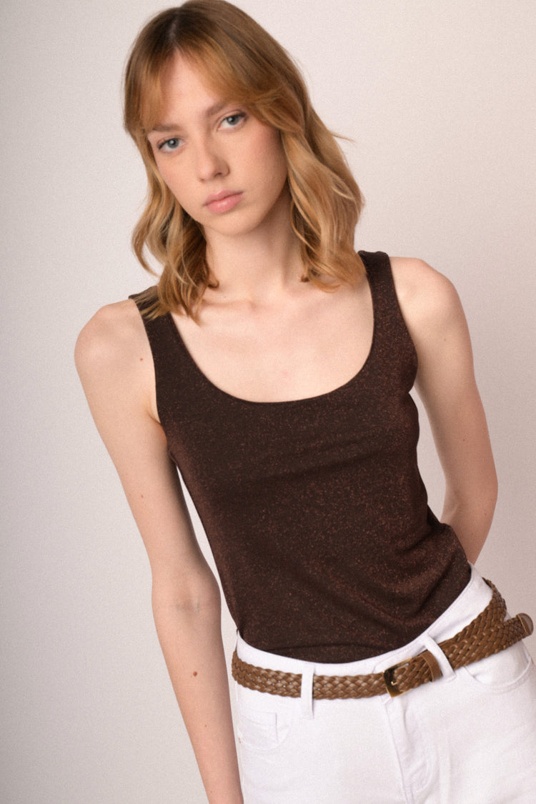 Dark brown lurex knit tank top
