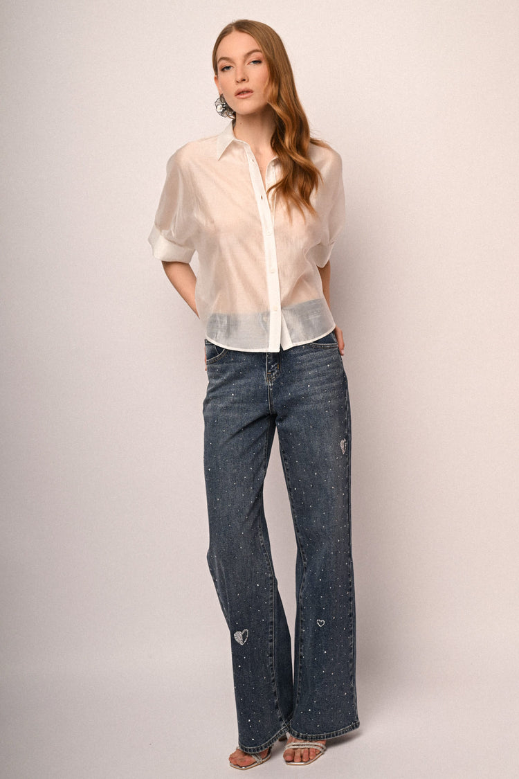 Heart & rhinestone wide-leg jeans