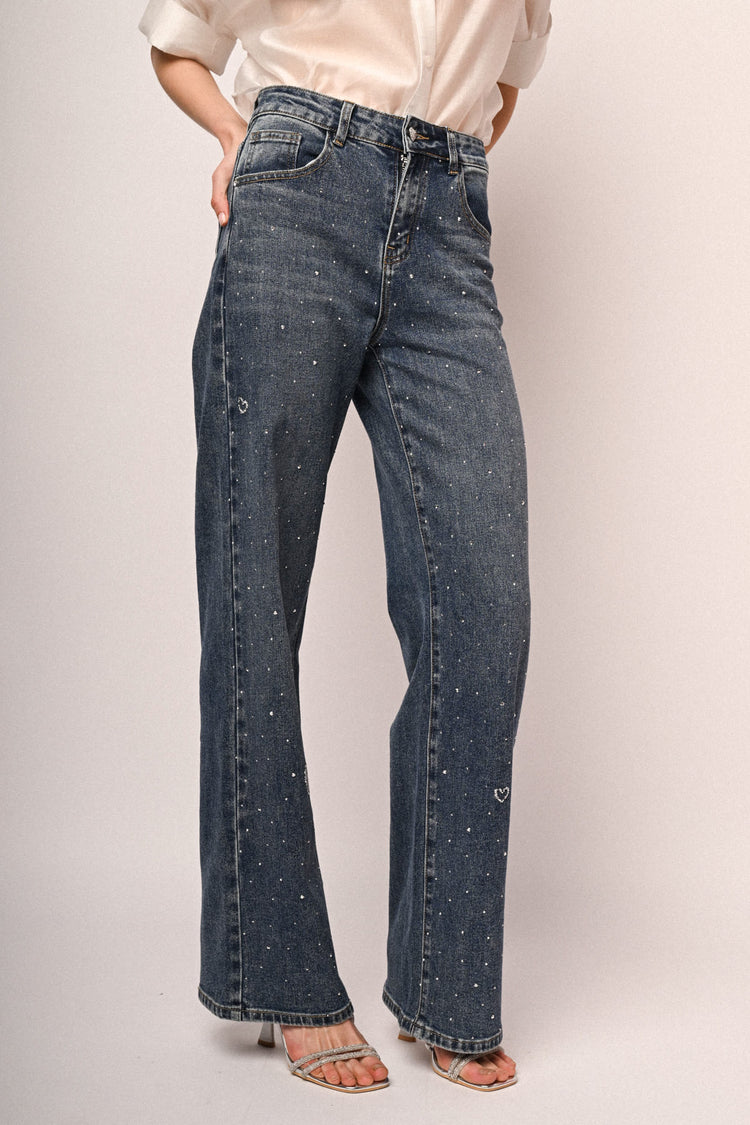 Heart & rhinestone wide-leg jeans
