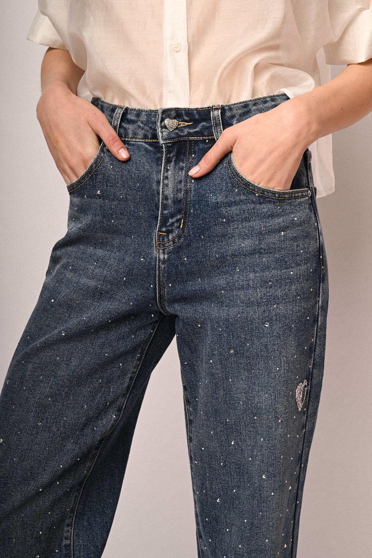 Heart & rhinestone wide-leg jeans