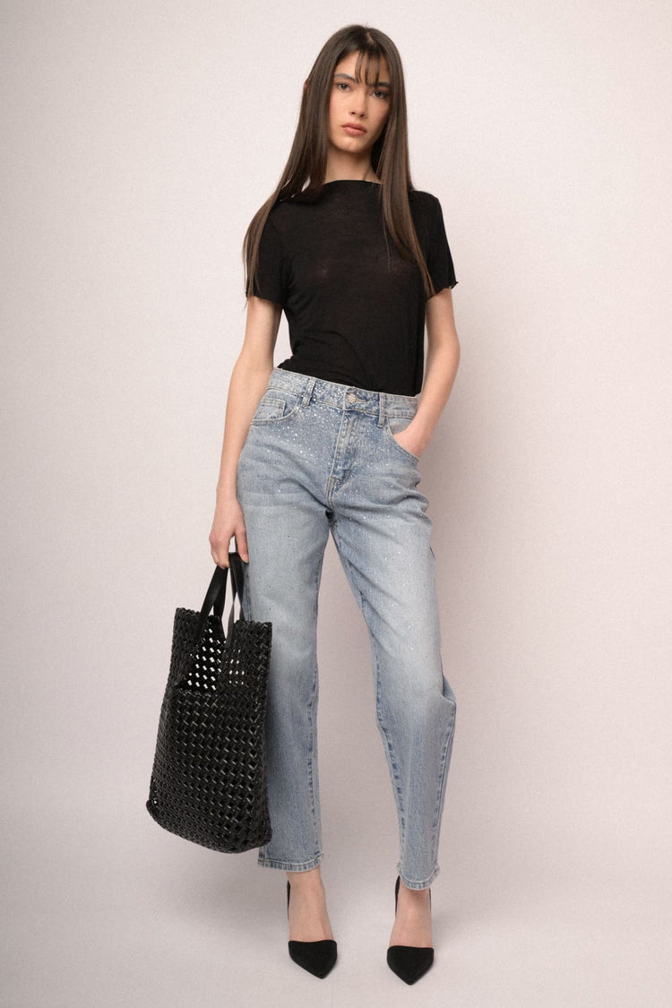 Light blue rhinestone-embellished mom-fit jeans