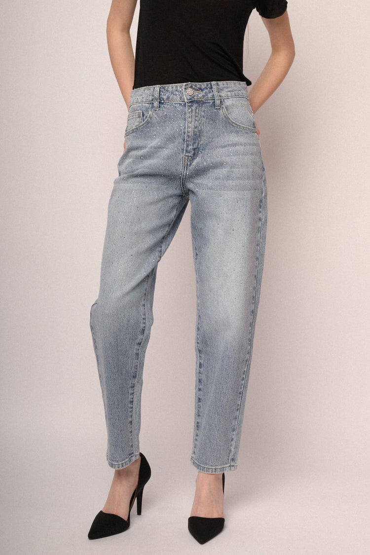 Light blue rhinestone-embellished mom-fit jeans