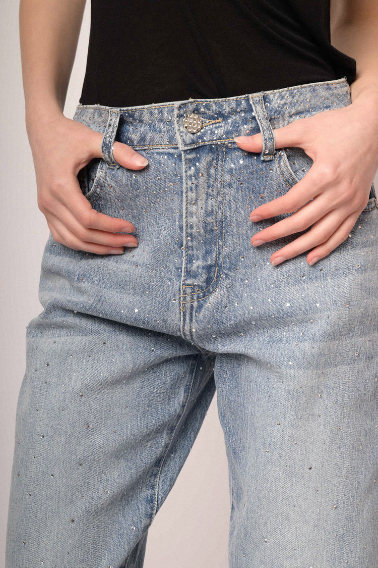 Light blue rhinestone-embellished mom-fit jeans