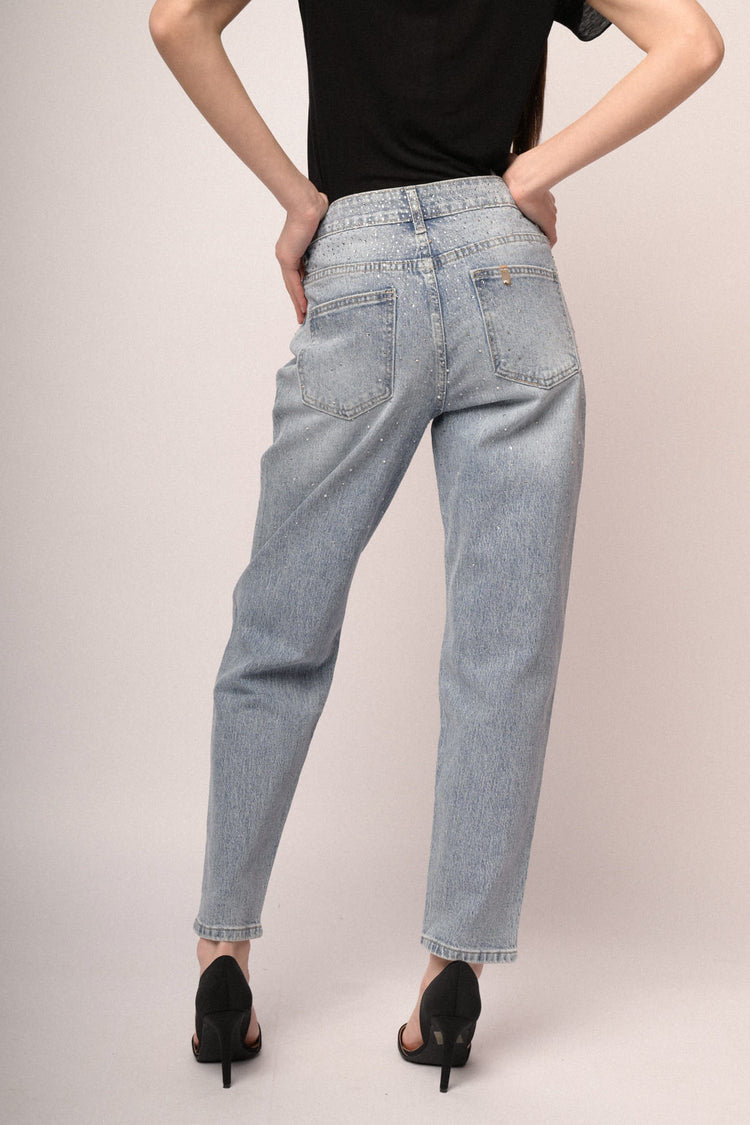 Light blue rhinestone-embellished mom-fit jeans