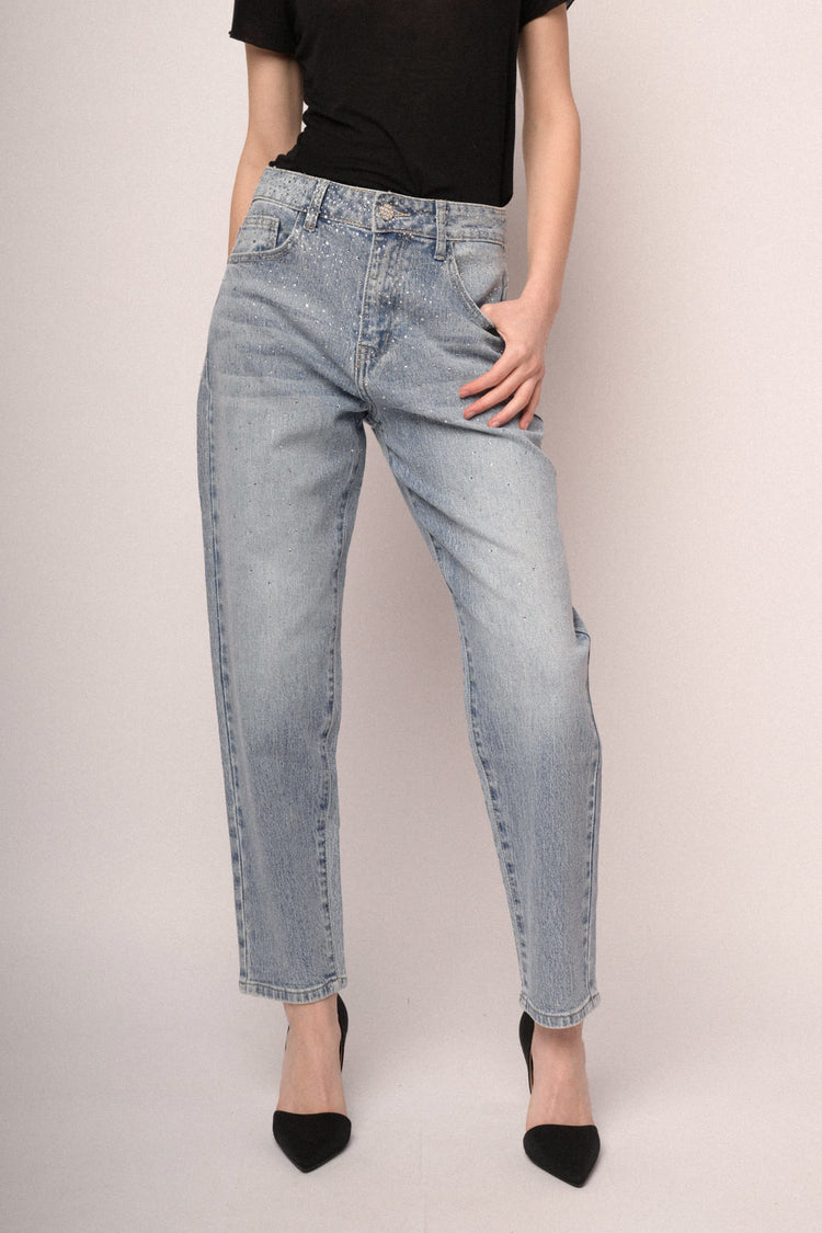 Light blue rhinestone-embellished mom-fit jeans