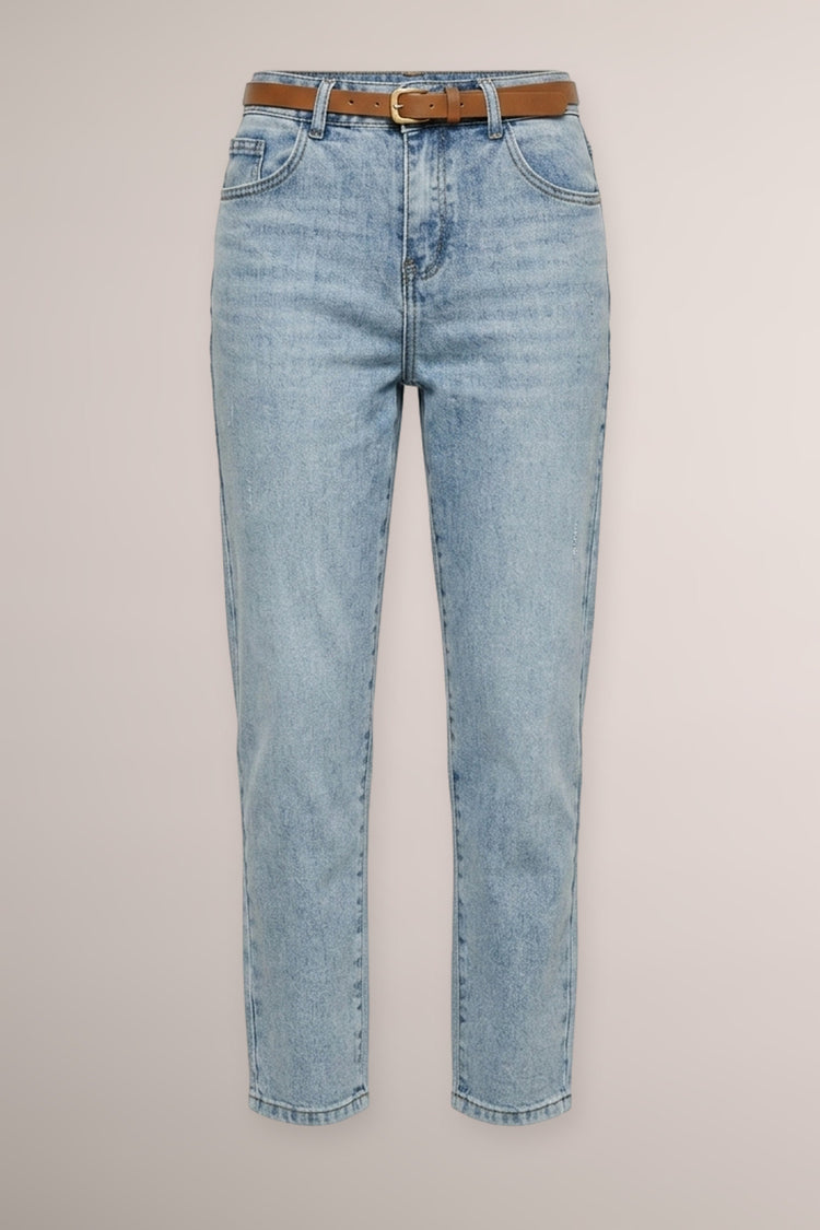 Belted light blue denim mom-fit jeans